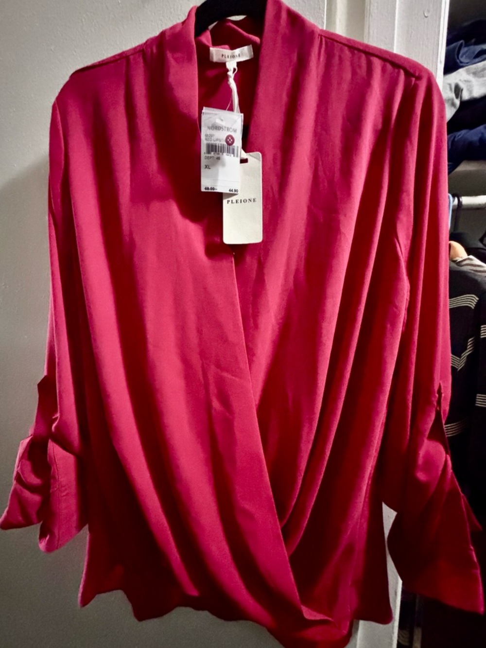 Pleione Women's Vivid Lipstick Red Draped Faux-Wrap Blouse